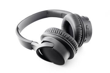black digital wireless stereo headphones close up side view isolated on white