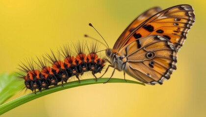 Fototapeta premium Metamorphosis of a butterfly and caterpillar in nature close-up photography sunny environment macro view