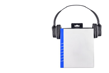 close up of black wireless stereo headphones and paper box on white background, box mockup