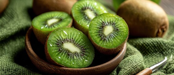 The vibrant green kiwi halves beautifully displayed in a wooden bowl.