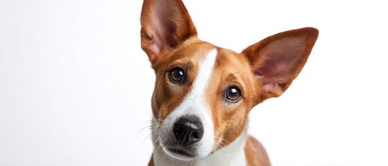 The adorable dog with expressive eyes and perky ears against a white background.