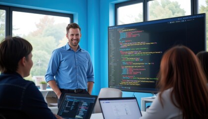 Teaching coding skills office classroom educational session tech environment instructor perspective