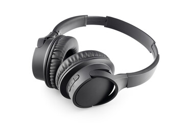 wireless black headphones isolated on white background with clipping path