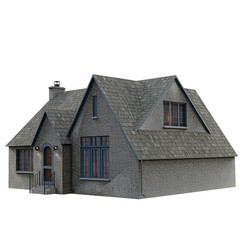 3D rendered charming brick cottage with steep roof and arched doorway, isolated on transparent background