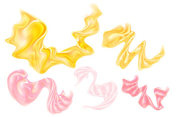 Fluid pink, yellow neon glowing futuristic flowing wave form set, iridescent striped holographic liquid splash isolated PNG design element, transparent background. Dream glow abstract geometric shape.