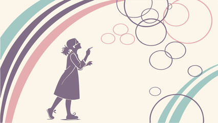 Silhouette of a Woman Pointing at Floating Circular Shapes.