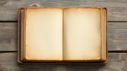 Antique Open Book on Rustic Wooden Table, Blank Pages for Writing and Creative Ideas