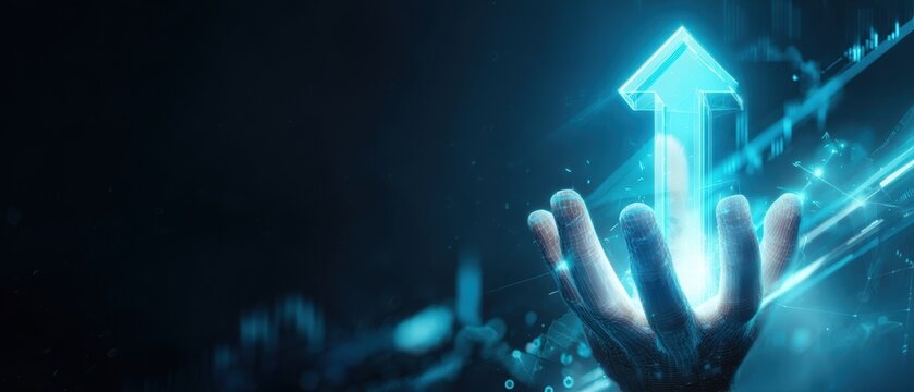 The hand holding a glowing arrow representing growth and technological advancement.