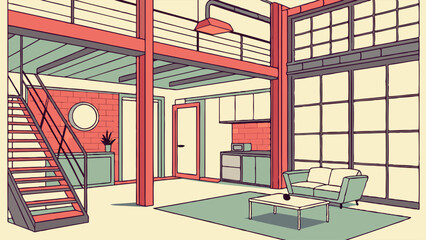 Illustrated Interior of a Modern Loft Apartment with Details. © Cyros