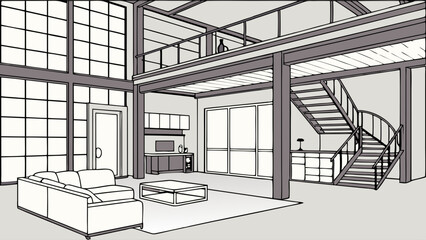 Modern Interior Illustration Featuring a Stylish Living Room and Staircase. © Cyros