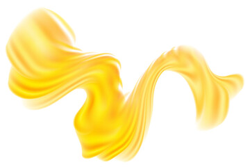 Fluid yellow gold neon glow futuristic flowing wave form, iridescent holographic splashing isolated PNG design element, transparent background. Dream glow abstract geometric shape.