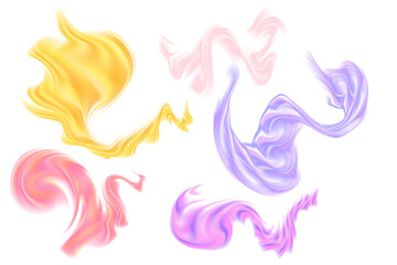 Fluid pink, yellow neon glowing futuristic flowing wave form set, iridescent striped holographic liquid splash isolated PNG design element, transparent background. Dream glow abstract geometric shape.