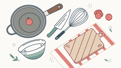 Illustrated Kitchen Utensils and Ingredients for Cooking and Baking.