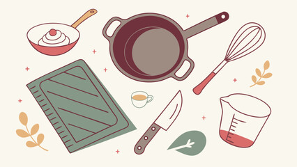 Flatlay Illustration of Baking and Cooking Utensils.
