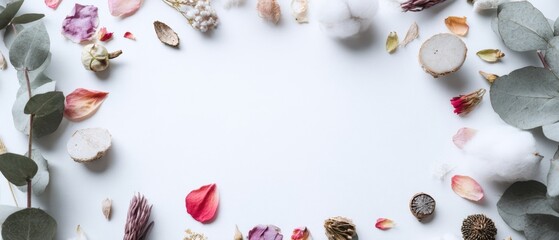The floral arrangement featuring dried petals and eucalyptus leaves on a clean background.