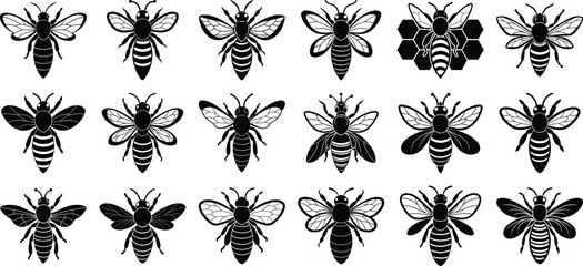 Stylish Bee Silhouette Vector Bundle, on white background.