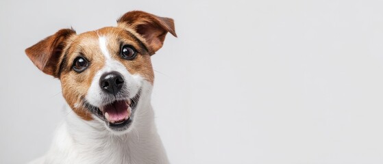 The happy dog with a joyful expression against a neutral background.