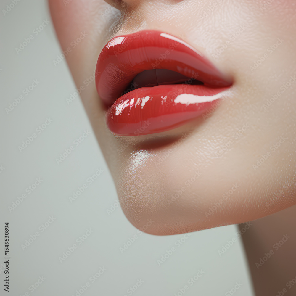 Poster close up view of glossy red lips, highlighting their smooth texture and shine. image captures allure