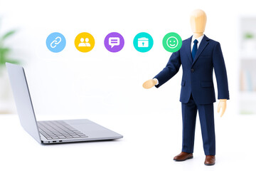 Humanoid figure dressed formal suit interacts with digital icons above laptop, illustrating modern skills and training technology and communication, evoking positive and professional atmosphere