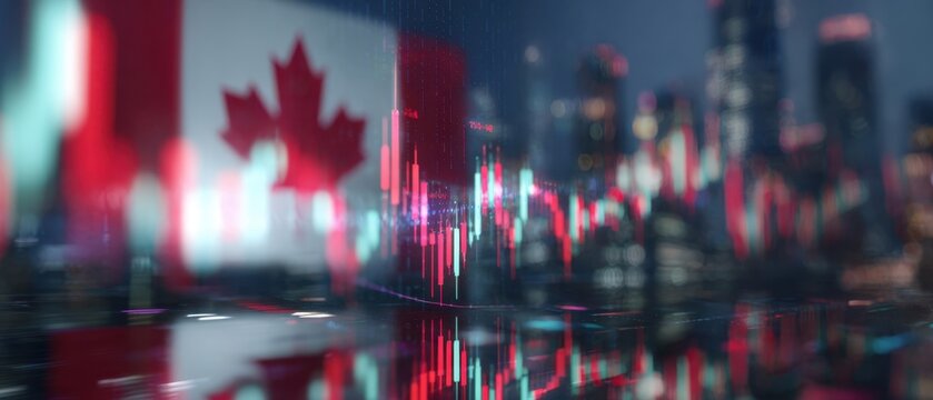 The Canadian flag reflecting in a vibrant financial market at night