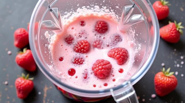 Raspberry and Milk Pouring into Blender in Slow Motion &ndash; Top View 4K Footage for Shake Preparation