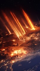 A dramatic cosmic disaster scene showing dozens of glowing meteors crashing into Earth’s surface, creating massive firestorms and explosions. Intense orange beams pierce the atmosphere