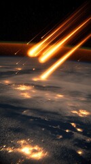A hyper-realistic space scene showing glowing meteors or reentry debris streaking through the upper atmosphere at high speed. 