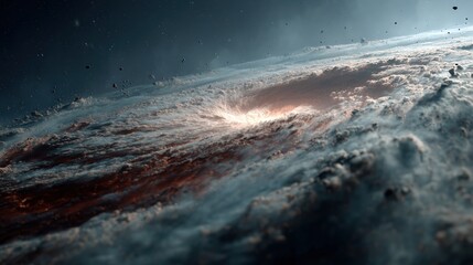 A surreal cosmic scene depicting the turbulent birth of a galaxy — swirling clouds of glowing interstellar dust illuminated by a fiery light source at the center. 
