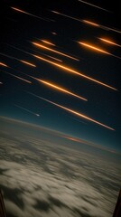 A dramatic cosmic scene showing a meteor storm streaking through Earth’s upper atmosphere, with glowing orange trails cutting through the night sky. The meteors descend at sharp angles