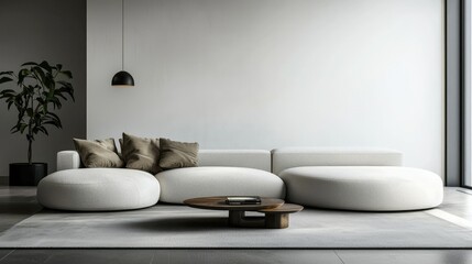 Modern living room interior design featuring a sectional sofa and unique ottoman pieces.