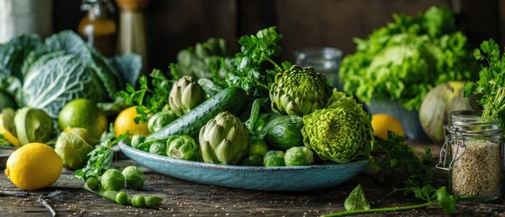 The vibrant display of fresh vegetables on a rustic wooden table.