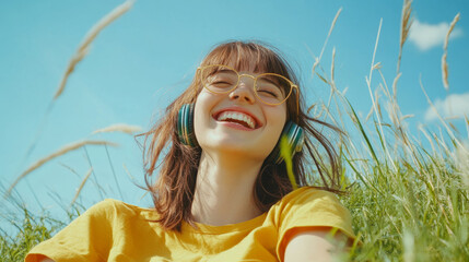 Joyful young woman enjoying music in a lush meadow nature photography sunny day relaxed atmosphere