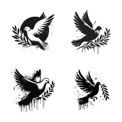 Obraz premium Pigeon olive branch Silhouette Grunge Splatter and Dripping Spray Effects