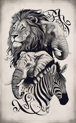 Majestic monochrome animal portrait: lion, elephants, and zebra intertwined artistry
