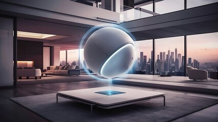 Futuristic augmented reality sphere in a luxurious modern apartment setting