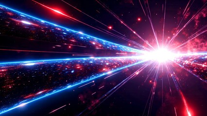 Obraz premium Bright cosmic explosion with radiant blue and red light beams streaking through space, evoking a futuristic, high-energy sci-fi scene.