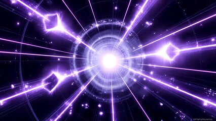 A bright white light emits purple beams and geometric shapes, creating a futuristic, cosmic energy effect in a dark space with circular grid patterns.