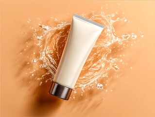 Cosmetic Tube Splash: A minimalistic composition featuring a skincare tube surrounded by water splashes.