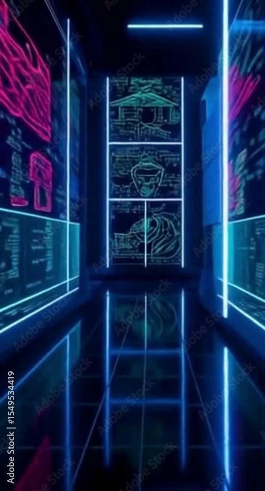 Poster neon lit corridor with technical drawings and data streams reflecting on the floor