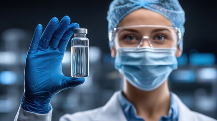 Female scientist in protective gear holds a vaccine vial in a laboratory, showcasing the importance of medical research and vaccine development for public health and safety