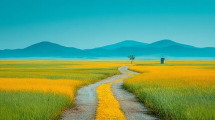 Obraz premium Golden pathway through lush green wheat fields, leading to majestic distant mountains beneath a bright blue sky, serene and inviting landscape with open space.