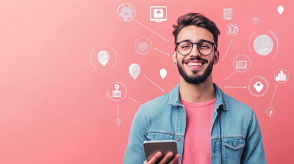 Innovative technology usage by young man urban setting portrait digital connectivity bright environment modern lifestyle