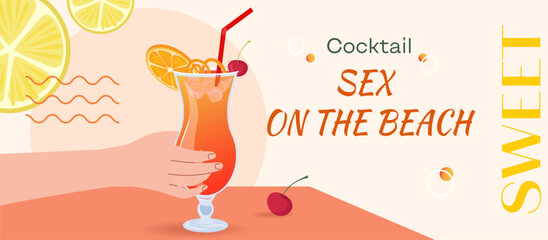 Vector banner with cocktail Sex on the beach. Hand holding summer tropical alcoholic drink with rum. Flat design for summer vacation, recreation concept, print, bar promotion, party invitation