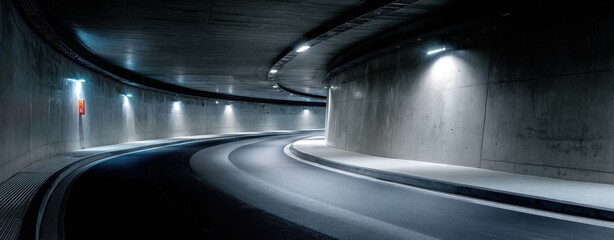 The illuminated tunnel with a smooth curved road and concrete walls.
