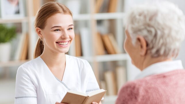 Compassionate female nurse reading book to senior patient, offering emotional support and companionship in hospice care environment, demonstrating healthcare empathy