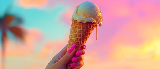 Hand with bright pink manicure holding a melting vanilla ice cream cone against a dreamy tropical sunset sky