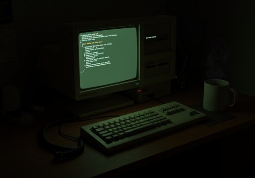 Nostalgic Retro Computing Wallpaper. A Vintage 80s PC Scene with a Green Monochrome Screen for Late-Night Work.