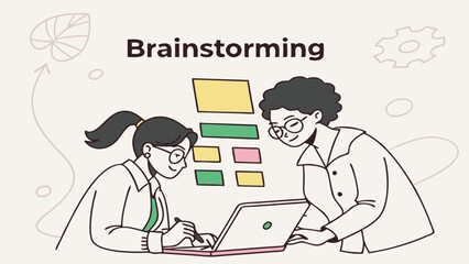 Two people brainstorming with laptop and colorful sticky notes.