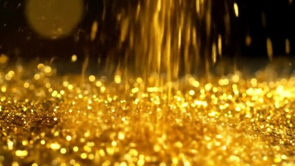 Captivating slow-motion footage of falling gold glitter against a dark background, sparkles - Powered by Adobe