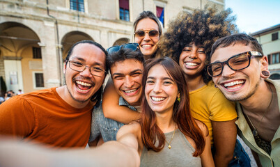 Multicultural cheerful friends taking selfie pic with smart mobile phone device - Youth community people laughing at camera together - Friendship concept with guys and girls having fun outdoors